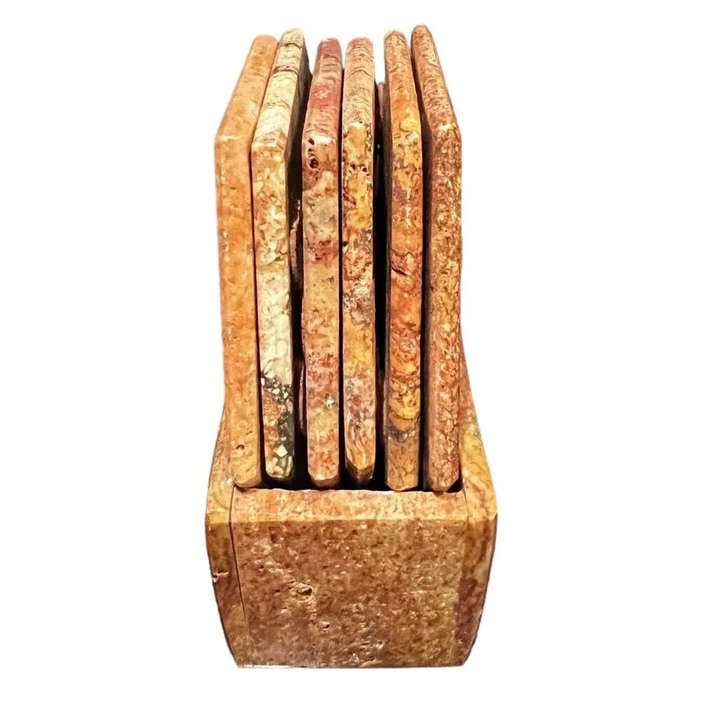 Six Hexagon Marble Coasters Stone Holder Set of 6 Crystals Sedona Travertine Sto